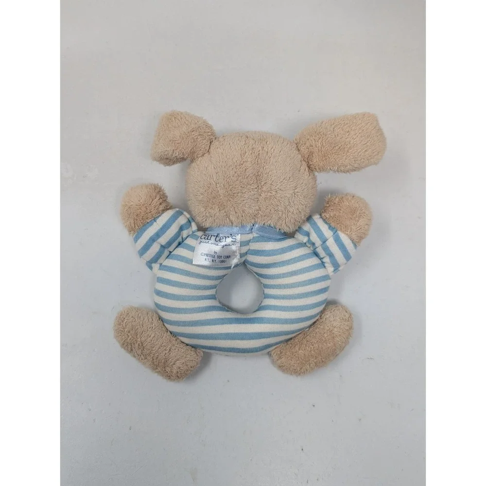 Carters Just One Year Baby Rattle Plush Puppy‎ Dog Blue Stripe Ring Prestige Toy
